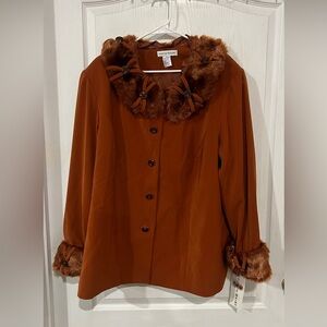 NWT Justin Taylor Rust Jacket with Faux Fur Trim